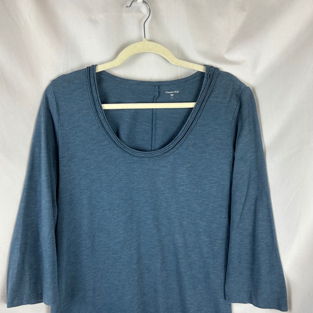 Garnet Hill Slate Blue Cotton Blend Pleated Scoop Neck 3/4 Sleeve Dress Small - Picture 3 of 8